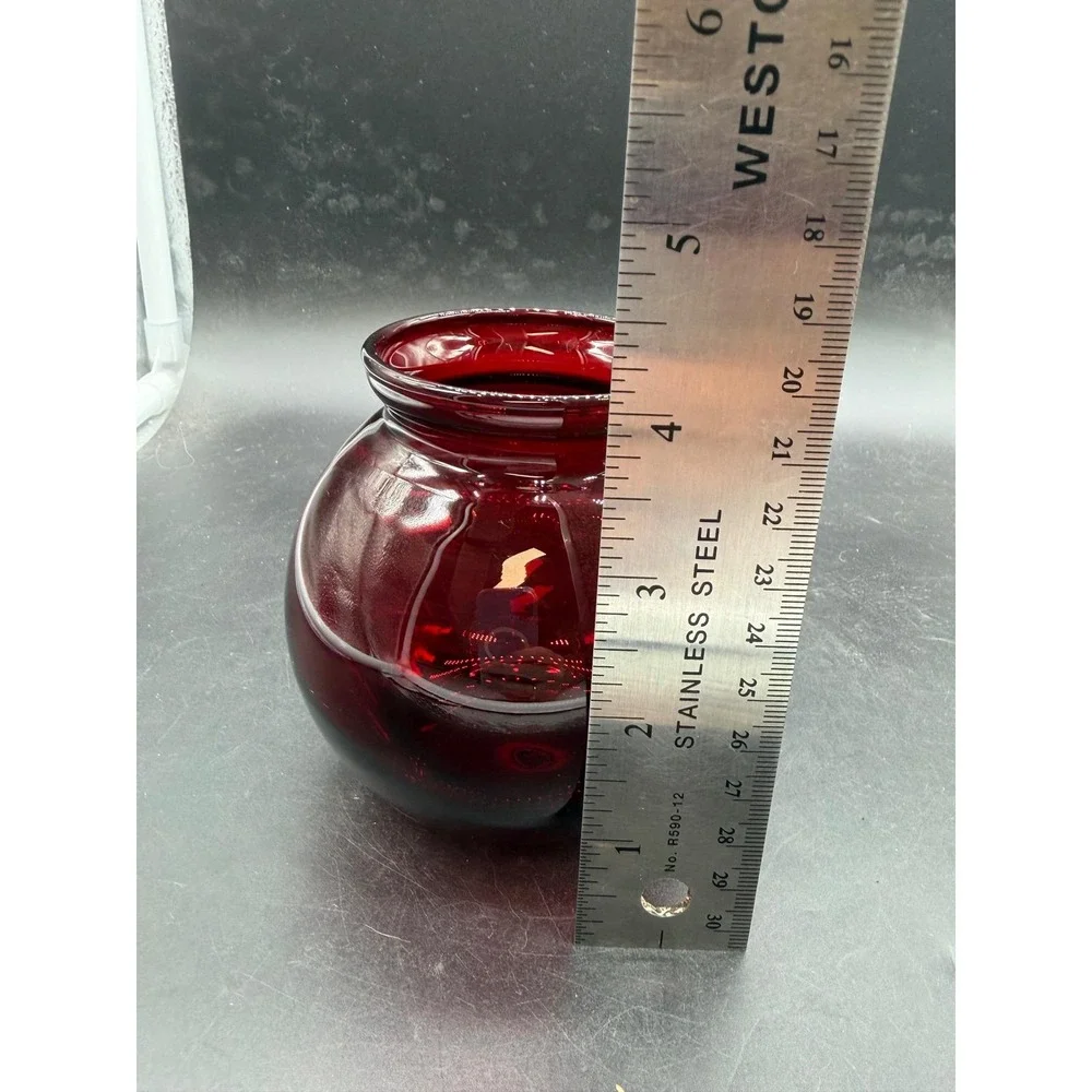 Vintage Ruby Red Glass Rose Bowl Vase Round Small 4 Inch Mid Century Decor